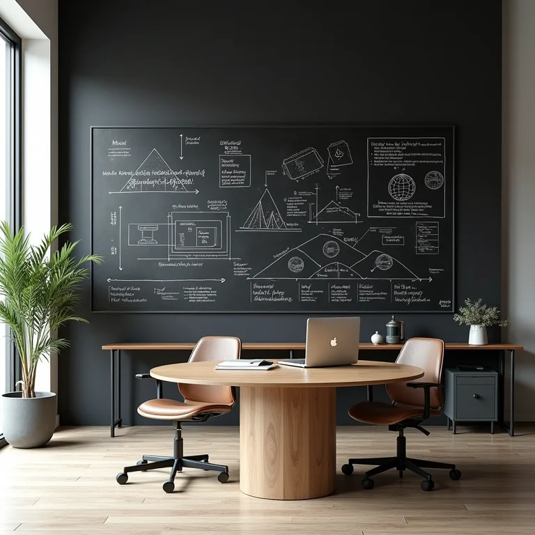 Escritório moderno com parede lousa utilizada para brainstorming e planejamento de projetos.