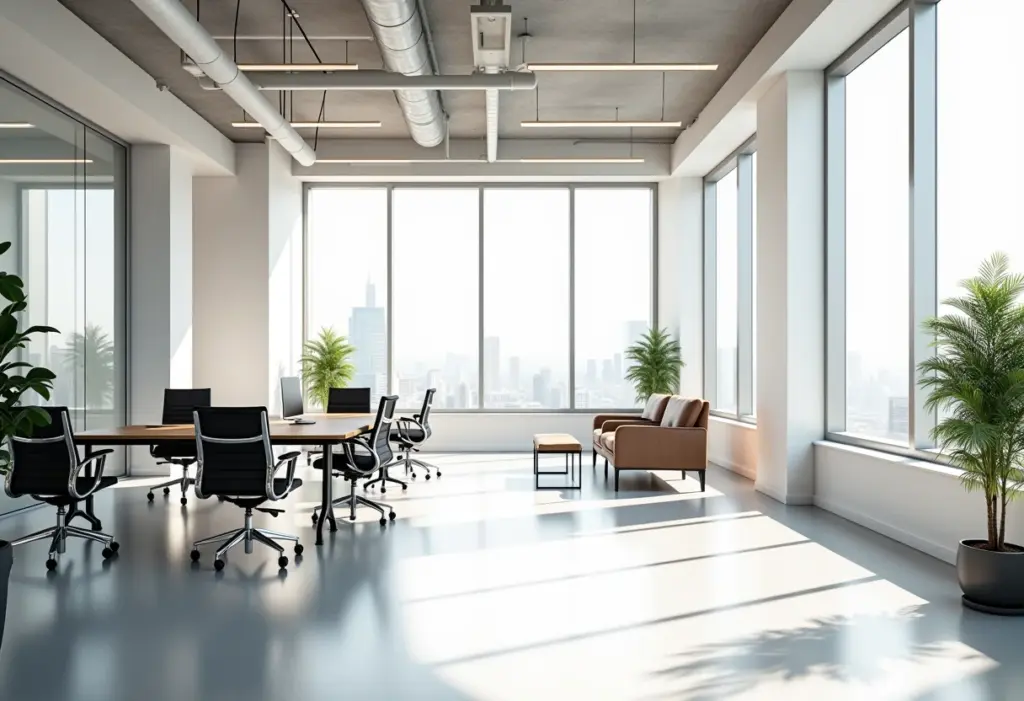 Espaço de escritório moderno com design ergonômico e iluminação natural.
