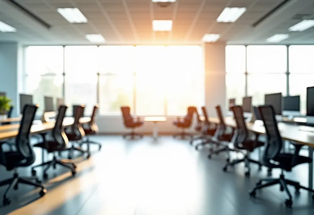 Espaço de escritório recém-reformado com design ergonômico e luz natural abundante.