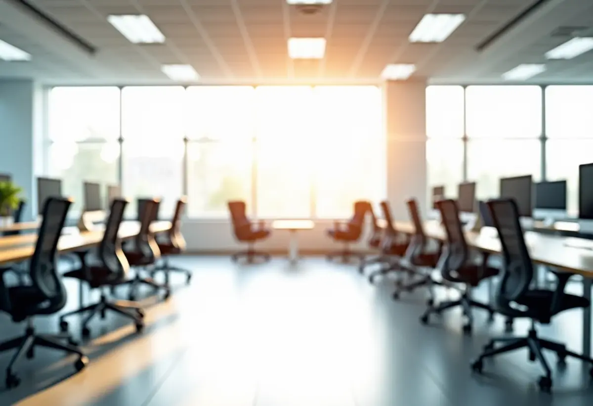 Reforma de escritório: 5 erros CRUCIAIS que você deve evitar Espaço de escritório recém-reformado com design ergonômico e luz natural abundante.
