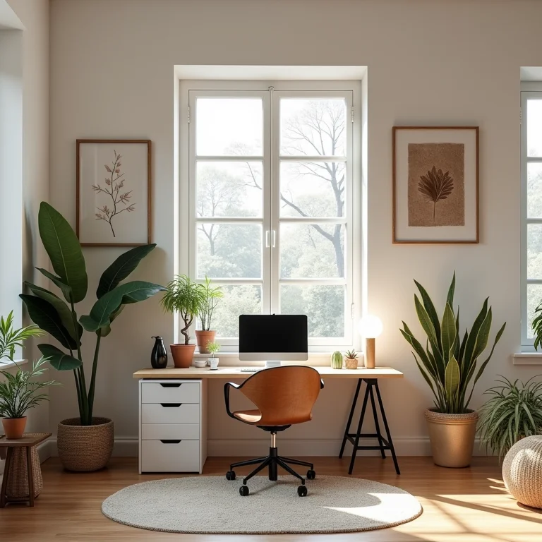 Espaço de trabalho boho-minimalista organizado e funcional, com linhas limpas e pouca desordem.