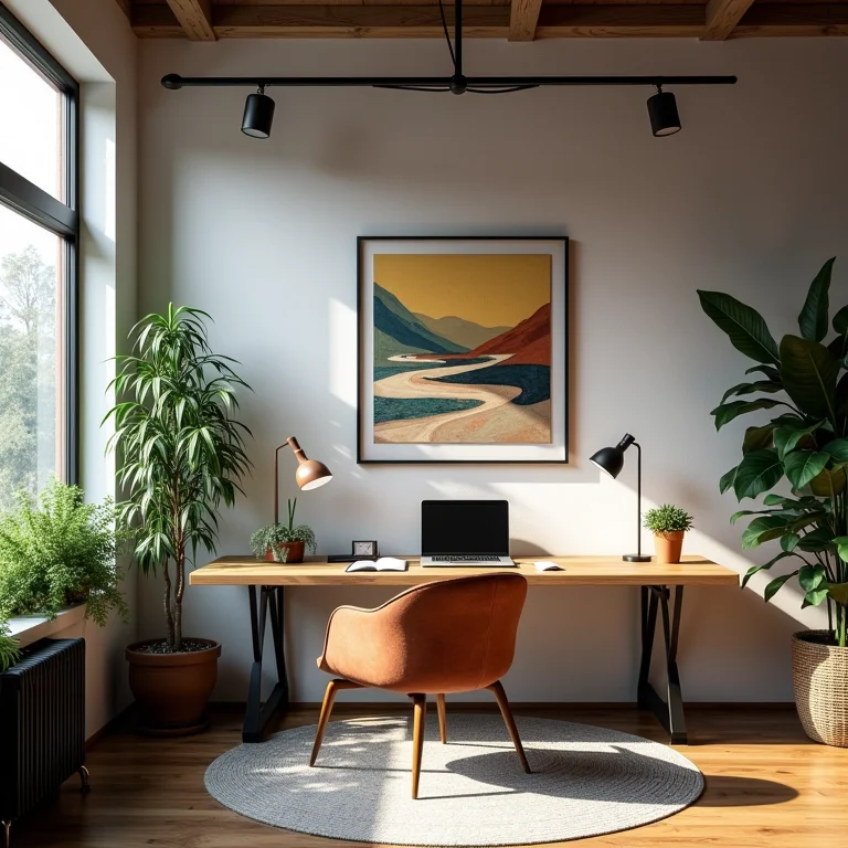 Espaço de trabalho personalizado em estilo industrial com toques pessoais.