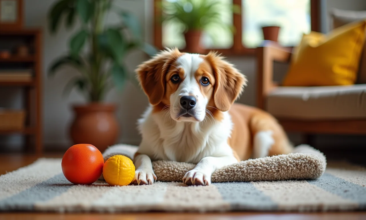 Espaço seguro e delimitado para cão com cama e brinquedos.