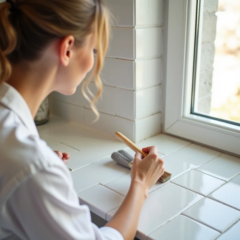 Especialista pintando azulejo de cozinha com precisão.