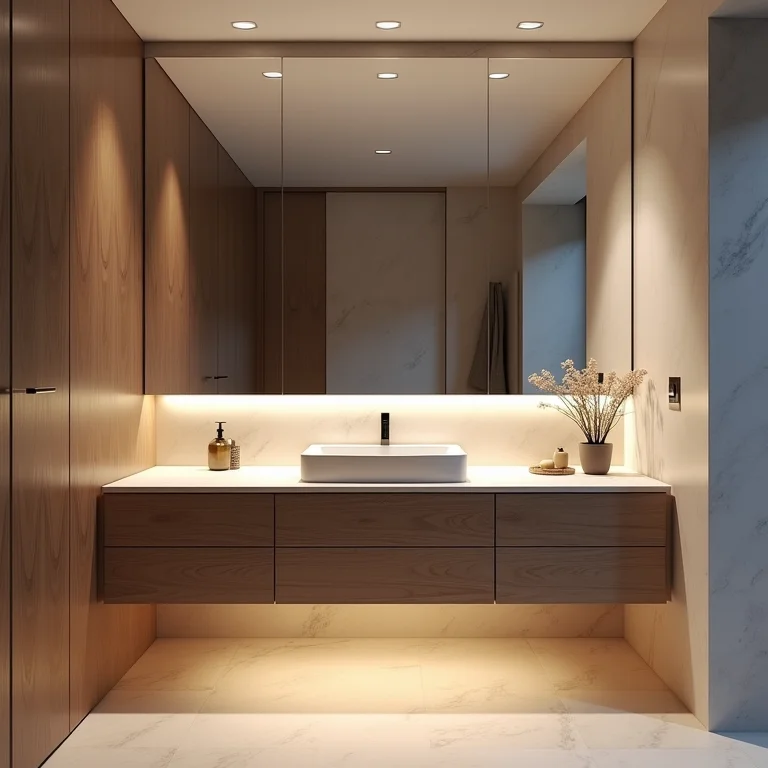 Espelho ampliando visualmente um banheiro pequeno.