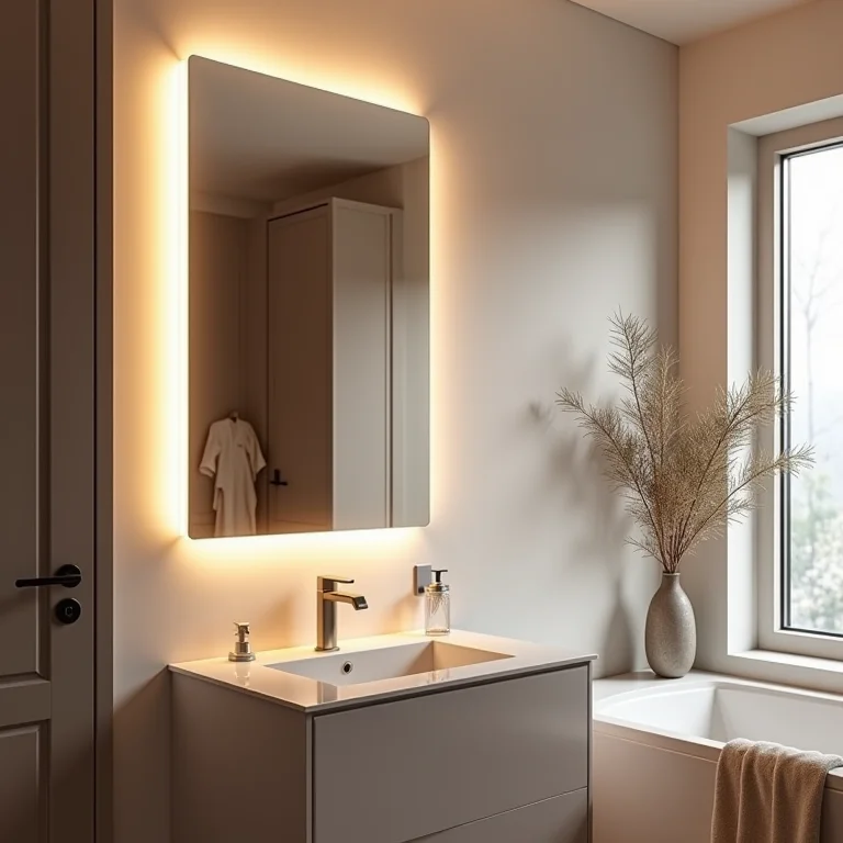 Espelho iluminado em um banheiro, realçando beleza e funcionalidade