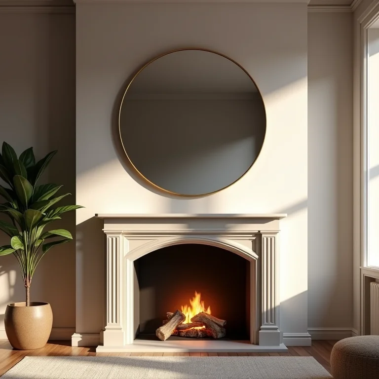 Espelho redondo acima da lareira na sala de estar