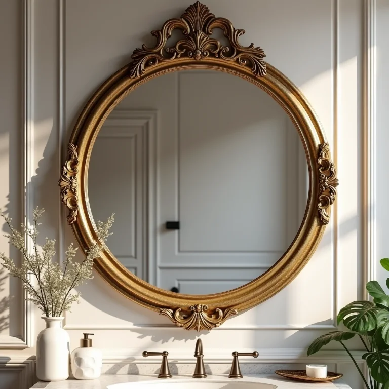 Espelho redondo com moldura dourada ornamentada