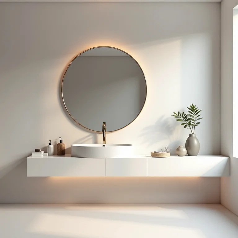 Espelho redondo em banheiro moderno com design clean