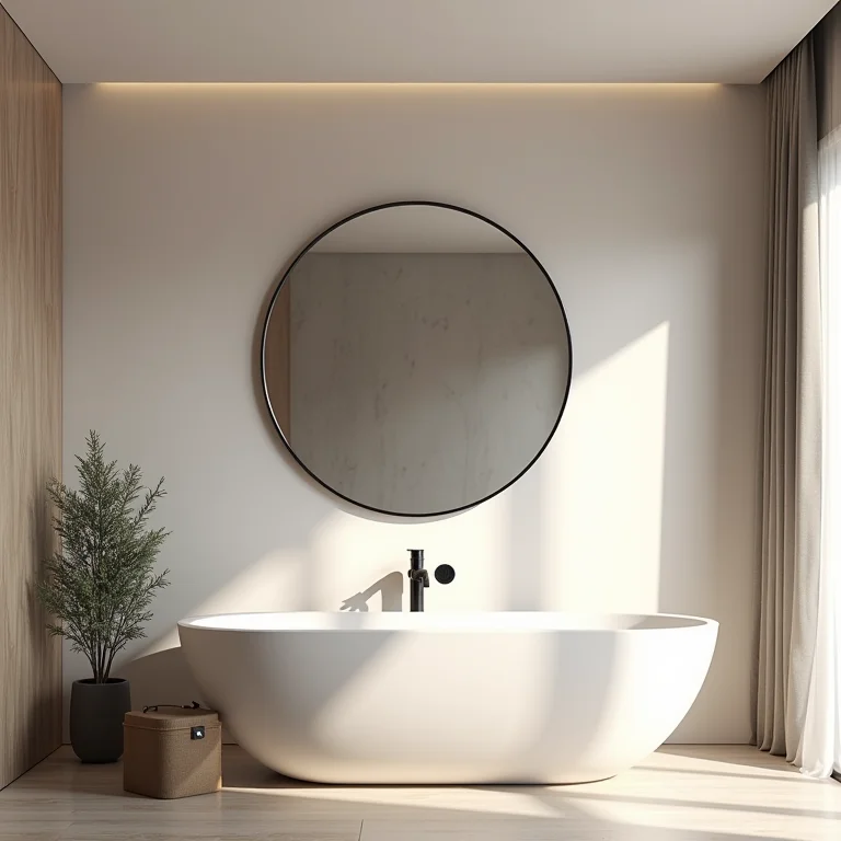 Espelho redondo em banheiro moderno e minimalista