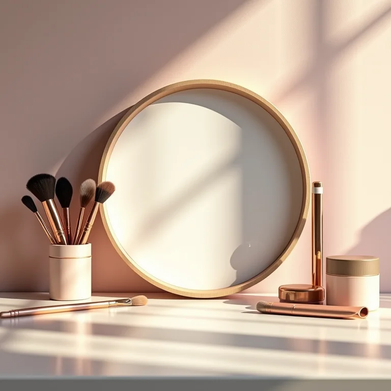 Espelho redondo na penteadeira do quarto