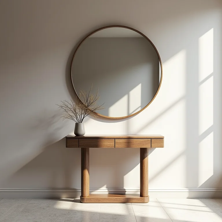 Espelho redondo no hall de entrada com mesa de apoio