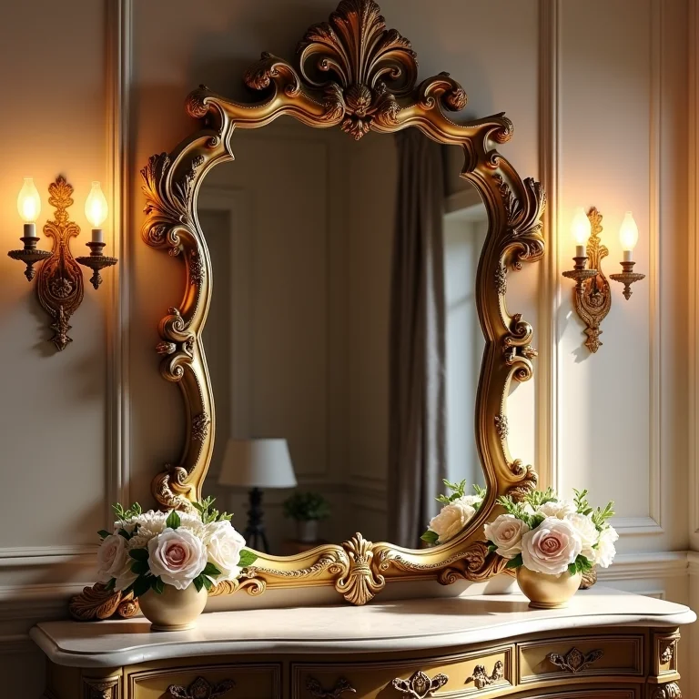 Espelho veneziano com detalhes florais e moldura dourada