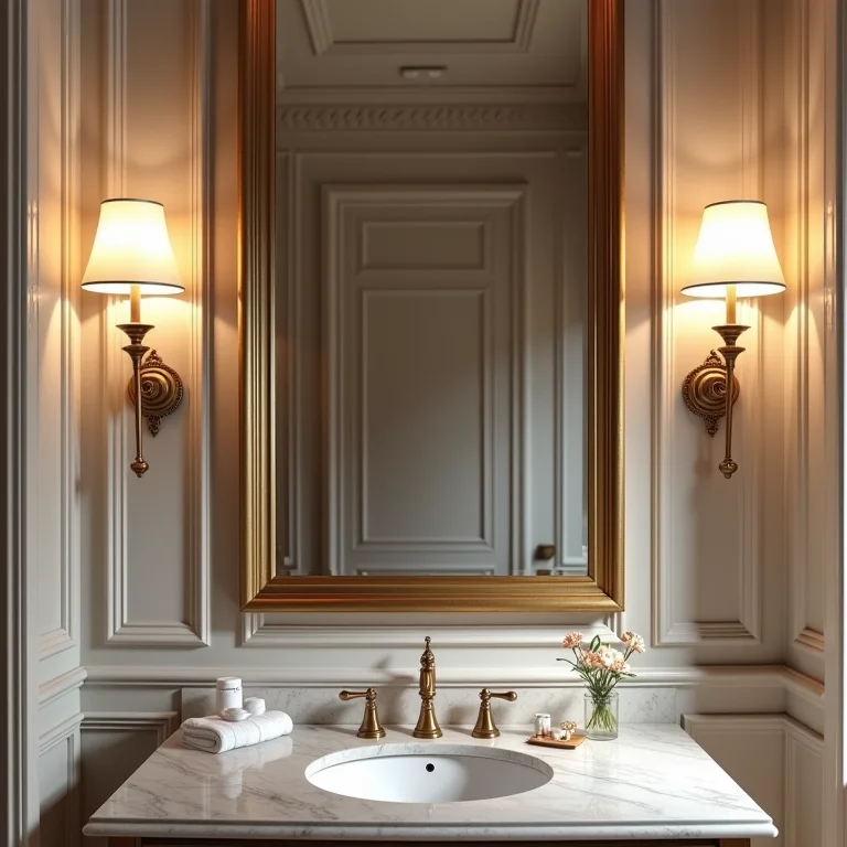 Espelho veneziano combinado com arandelas e mármore