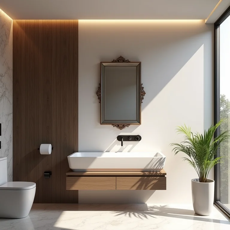 Espelho veneziano em banheiro moderno minimalista