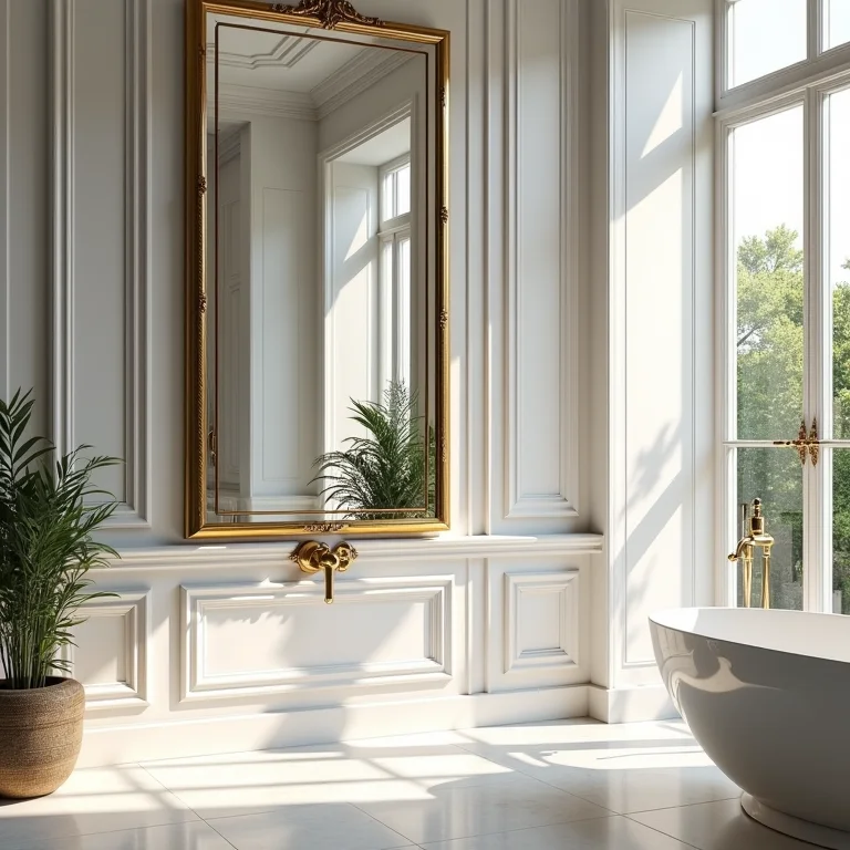 Espelho veneziano posicionado para refletir luz e vista do jardim