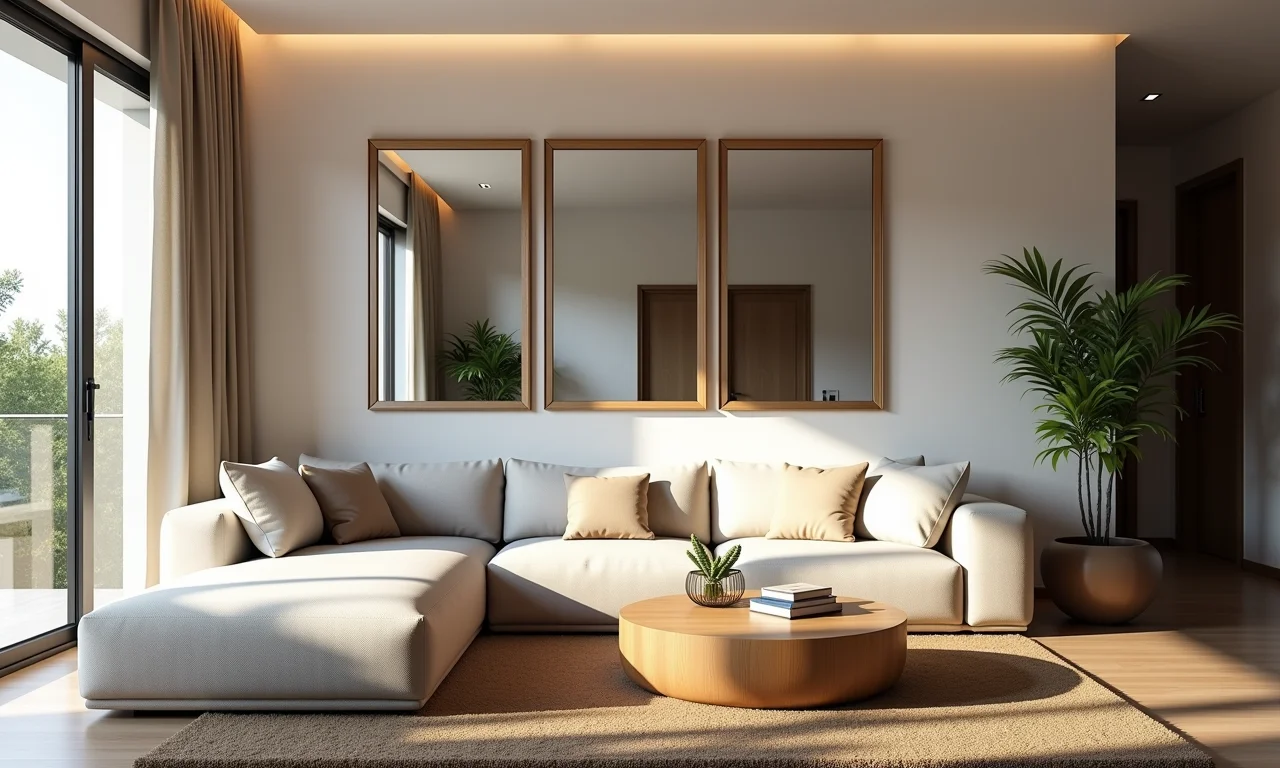 Espelhos estrategicamente posicionados em sala pequena com sofá grande.