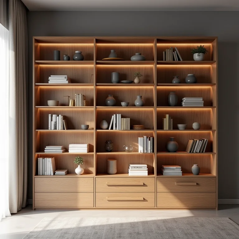 Estante multifuncional otimizando o espaço em um ambiente moderno