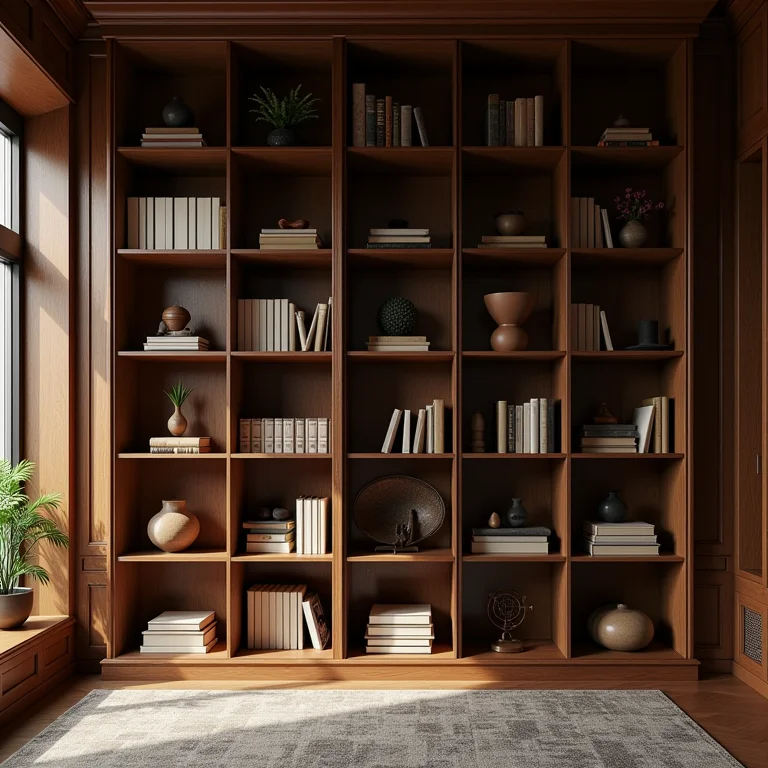 Estante robusta de madeira cheia de livros.