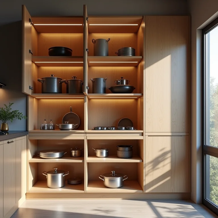 Estrutura interna de armários de cozinha em MDP com panelas e utensílios pesados