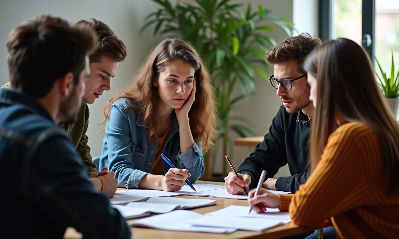 Estudantes discutindo trabalhos, um deles preocupado com plágio.