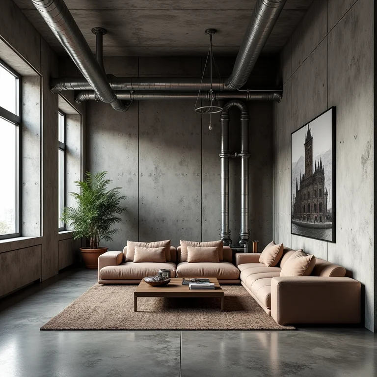 Exagero de elementos industriais em uma sala de estar.