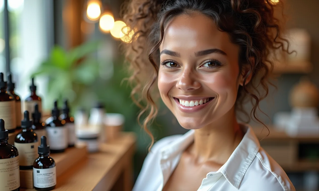 Exposição de cosméticos veganos e cruelty-free em loja com design ecológico.