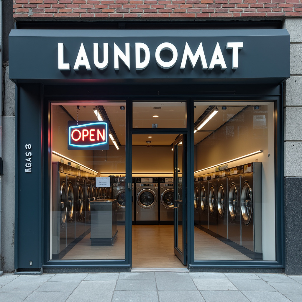 Exterior of a modern laundromat, open sign, easy access, urban setting, commercial photography, 8K Lavanderia express com horário flexível.