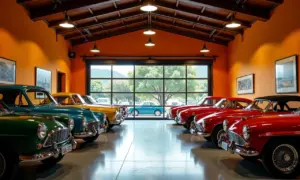 Fachada colorida de museu de carros no Brasil com carros antigos em exposição.