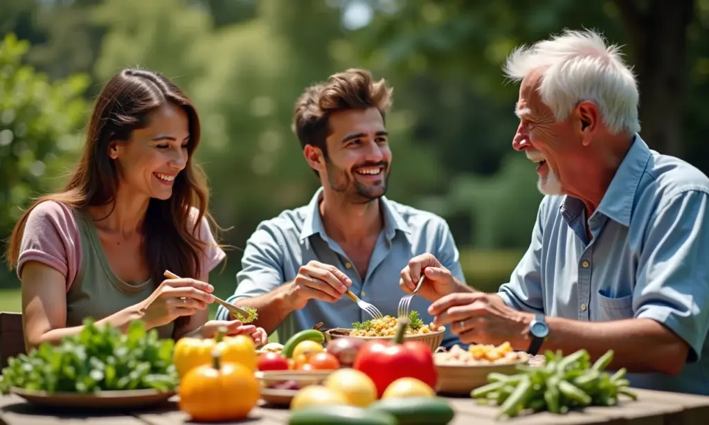 Slow Food: O Prazer de Comer com Calma e Qualidade Família brasileira saboreando refeição slow food em ambiente campestre.