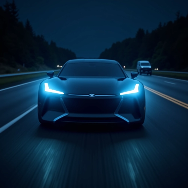 Farol de LED em carro futurista iluminando rodovia escura. A tecnologia do futuro em iluminação automotiva.