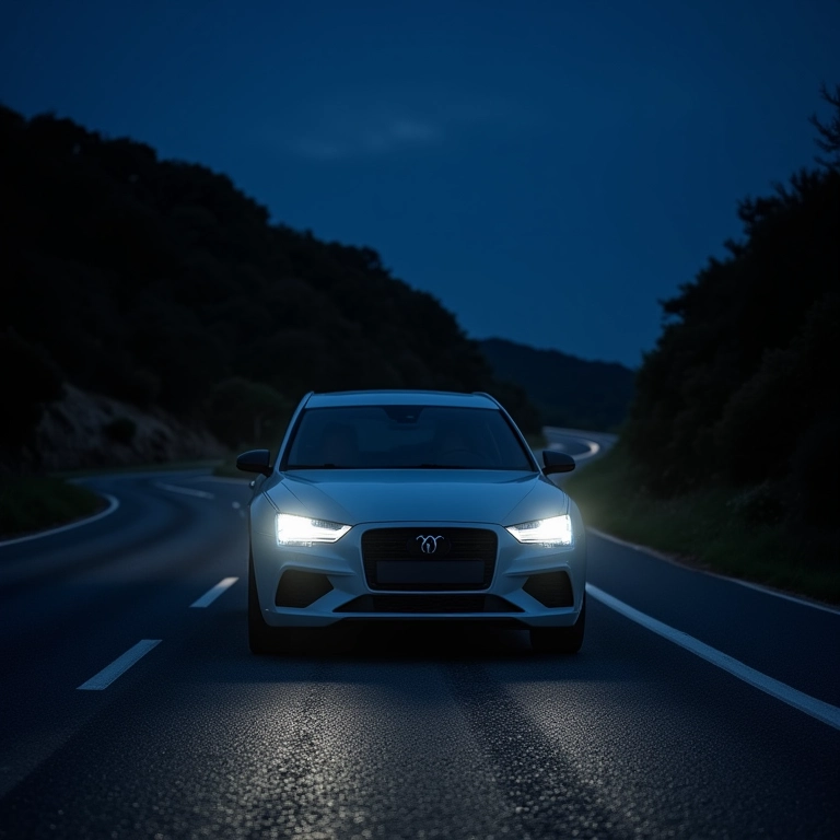 Farol de xenônio em carro moderno iluminando estrada sinuosa à noite. Luz forte e eficiente.