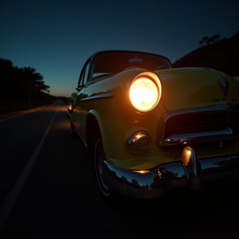 Farol halógeno em carro antigo iluminando estrada escura. Luz clássica e acessível.