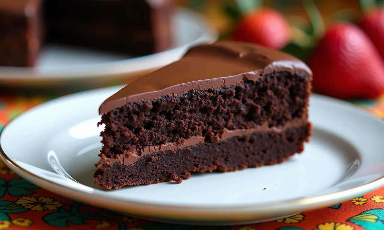 Fatia de bolo de chocolate sem glúten em prato, fundo com tecido estampado brasileiro.