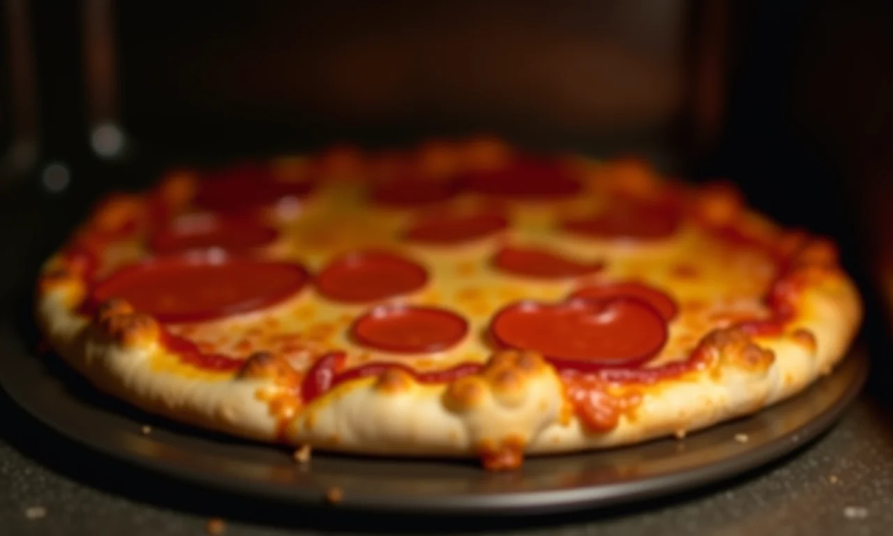 Fatia de pizza reaquecida com crosta crocante no micro-ondas.