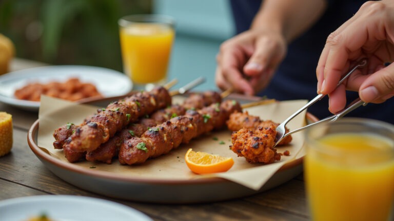 Família brasileira feliz saboreando espetinhos variados em um churrasco no quintal.