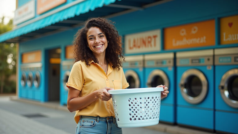 Mulher brasileira sorrindo perto de lavanderia.