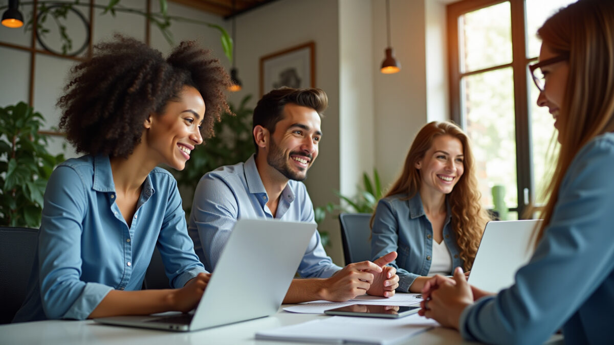 Equipe de marketing diversa trabalhando em escritório moderno.