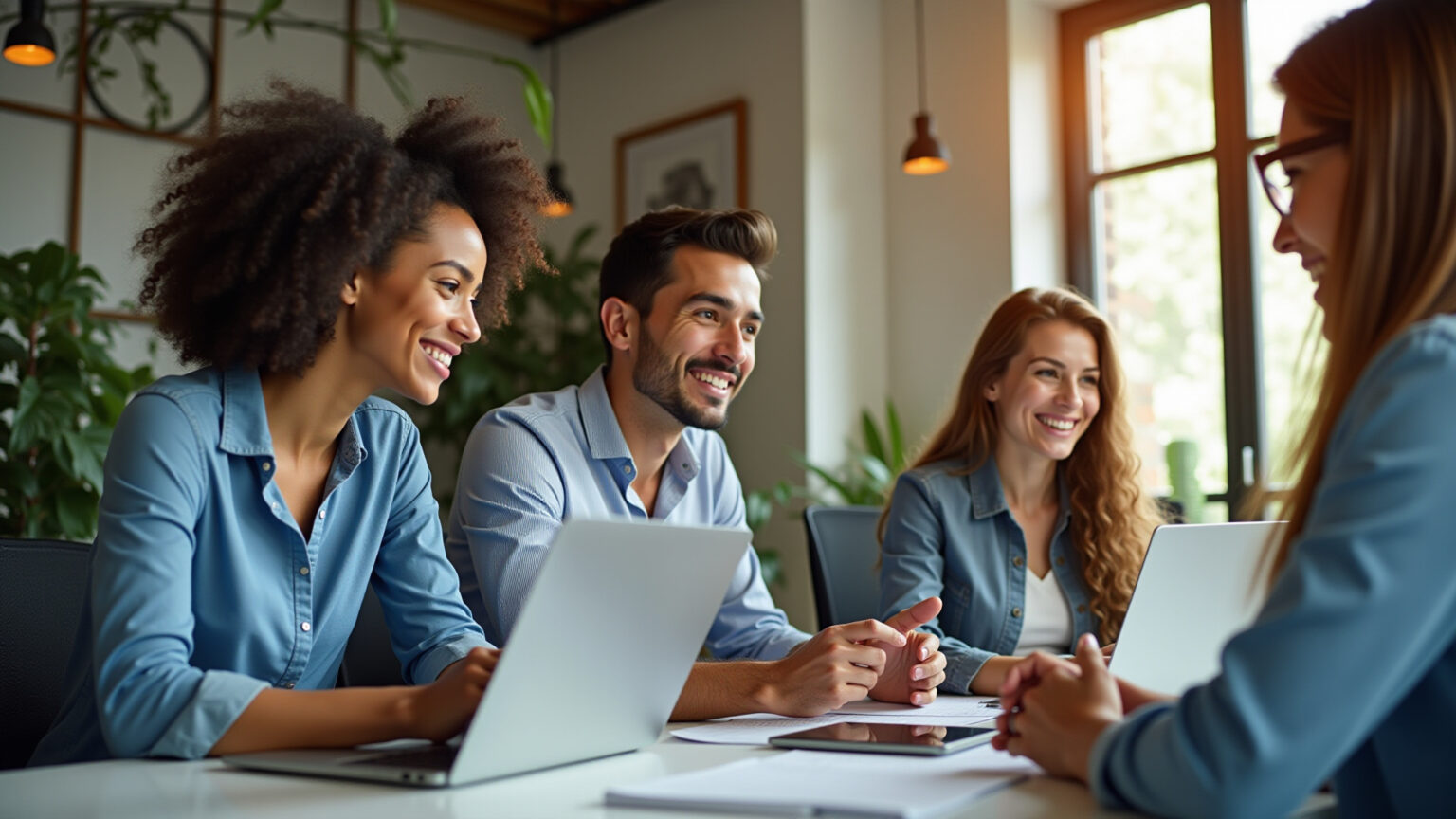 Equipe de marketing diversa trabalhando em escritório moderno.