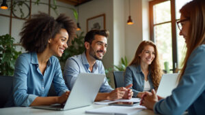 Equipe de marketing diversa trabalhando em escritório moderno.