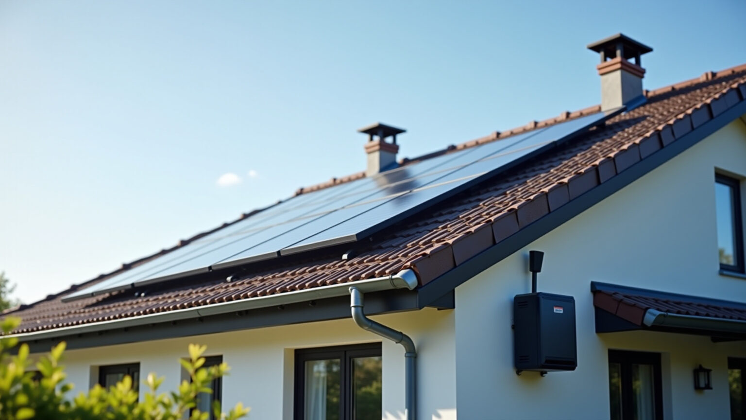 Inversor solar conectado a painéis solares em telhado residencial.