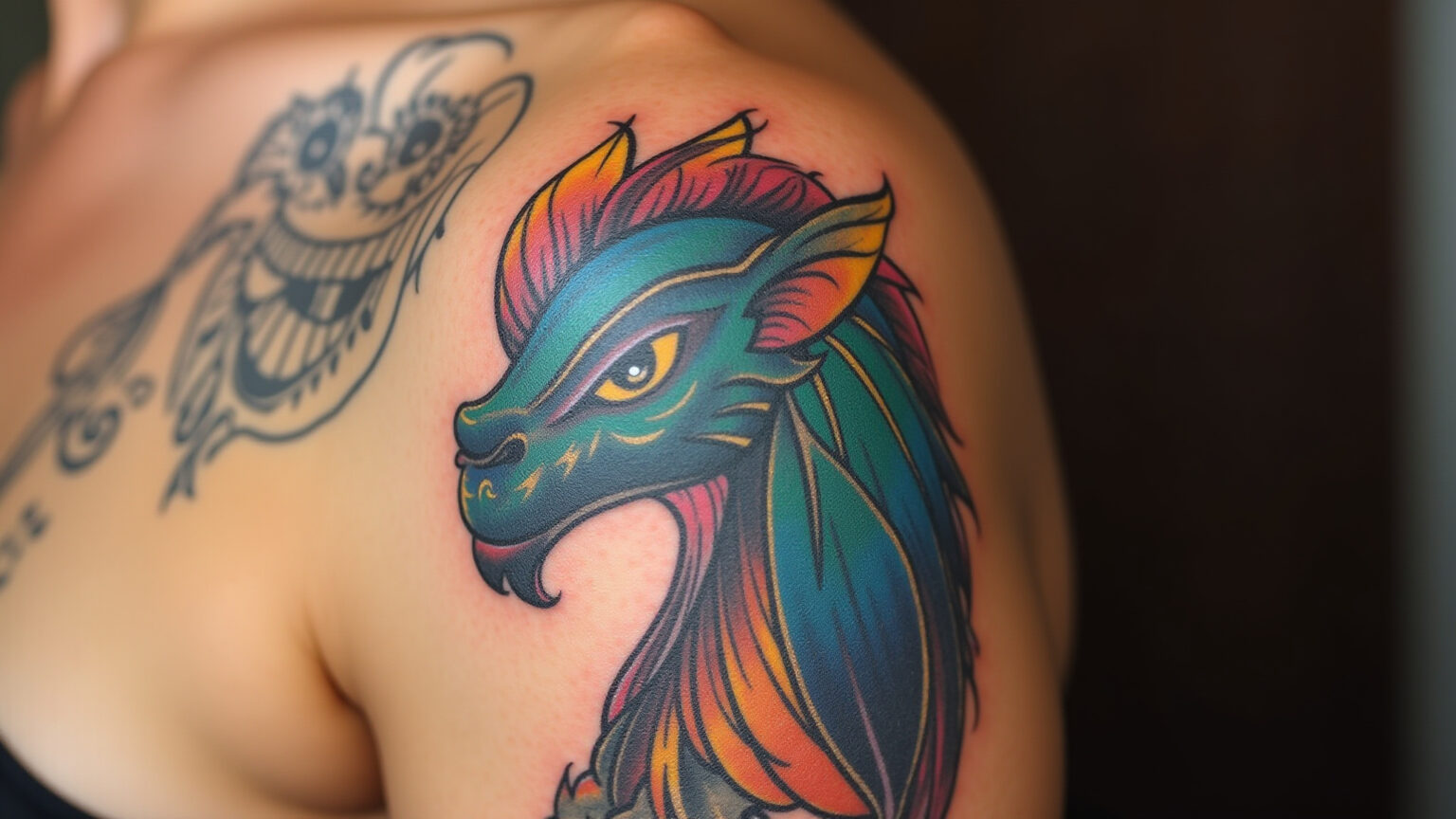 Tatuagem colorida vibrante em pele bronzeada, mostrando cores vivas e linhas nítidas.