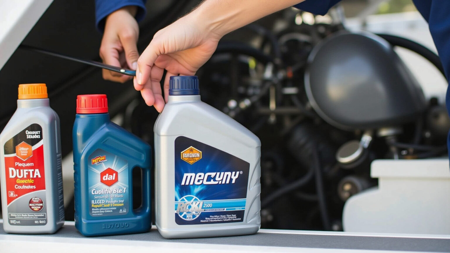 Manutenção de motor de barco, mecânico verificando níveis de óleo.