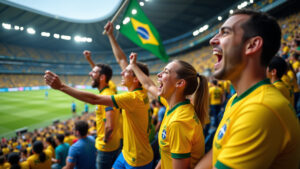 Torcedores brasileiros vibrantes comemorando gol em estádio.