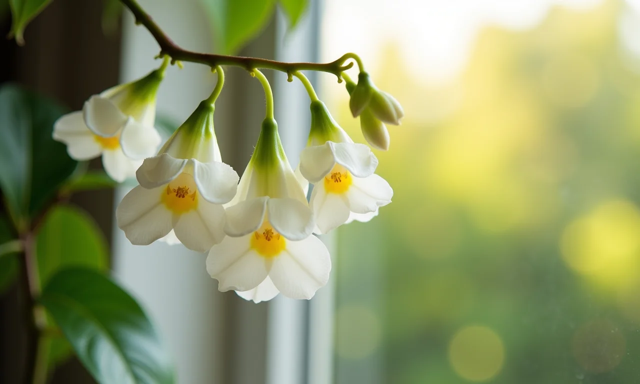 Flor-de-cera com flores delicadas em janela ensolarada.
