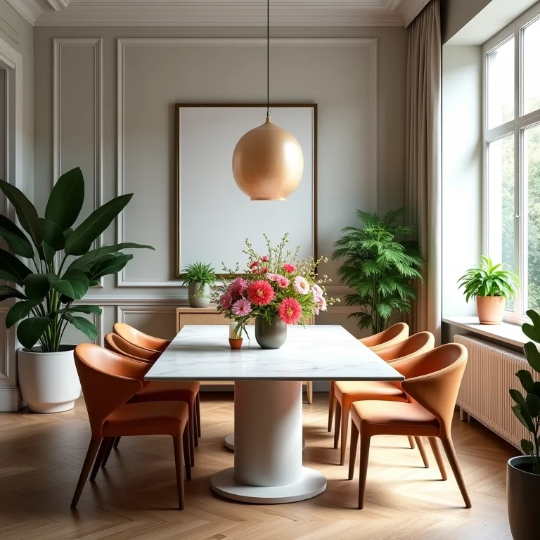 Flores e plantas em sala de jantar clássica