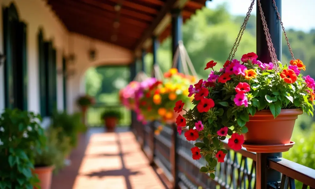Flores Pendentes Beleza Em Cascata Flores pendentes vibrantes em cascata, iluminadas pelo sol.