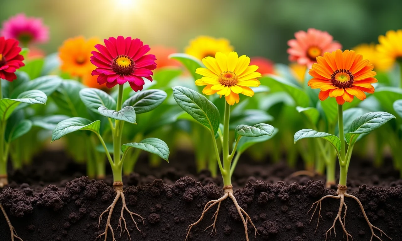 Flores vibrantes e raízes fortes de plantas, destacando o efeito do Fósforo.