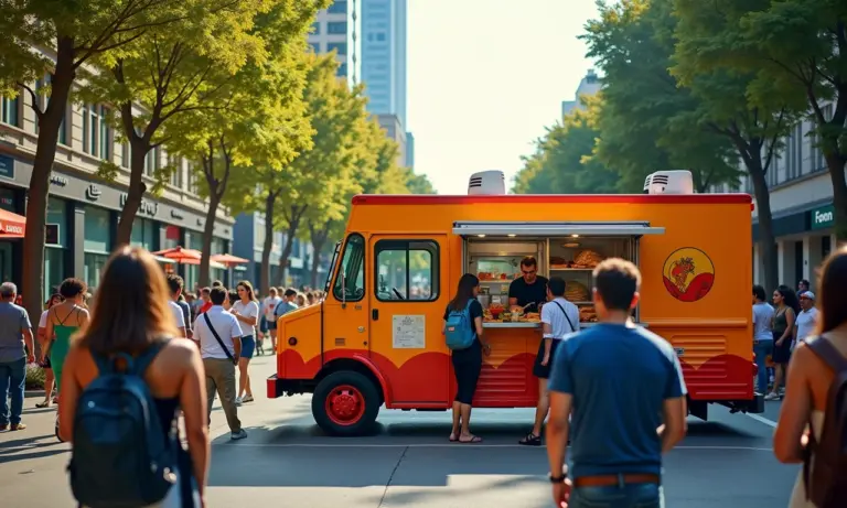 Food truck colorido e convidativo em rua movimentada, com clientes diversos.
