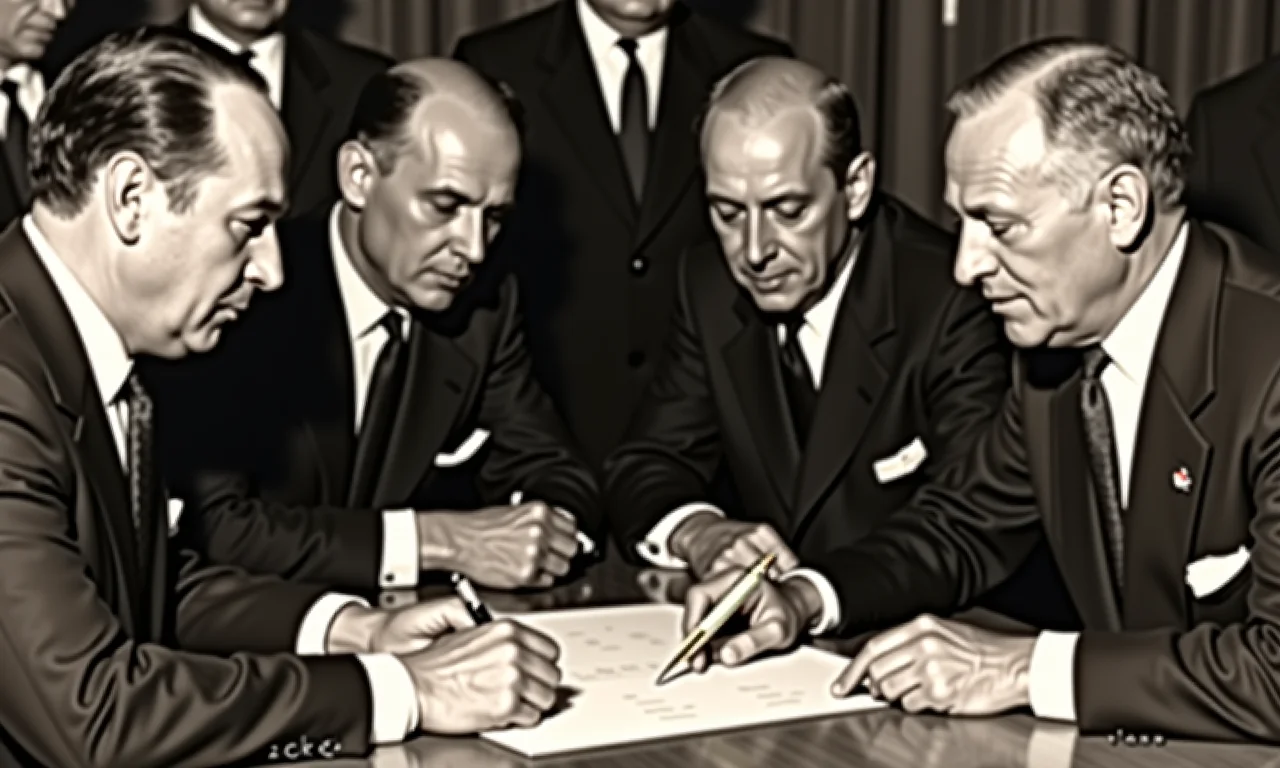 Foto histórica da assinatura do Tratado de Roma, marco inicial da integração europeia.